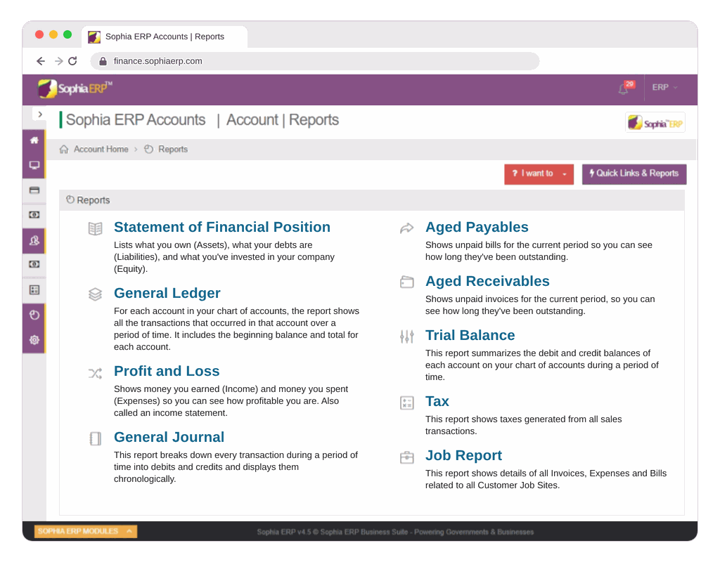 Sophia ERP Finance financial workspace